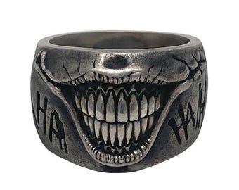 Gothic Joker Grin Ring, Oxidized Alloy Punk Biker Statement Jewelry
