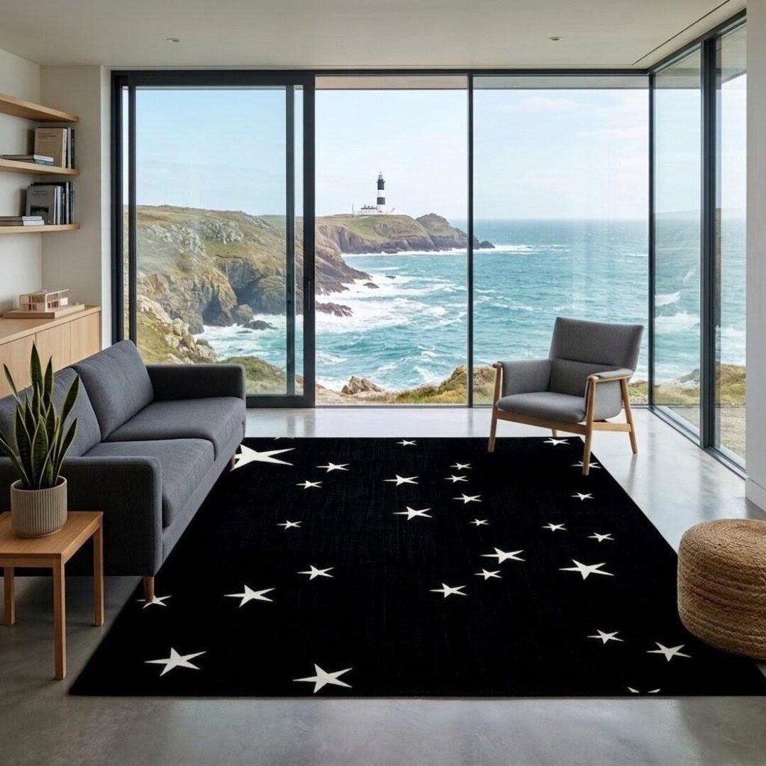 5x8 8x10 Area Rug, Black & White Star Rug, Handmade Tufted Celestial ...