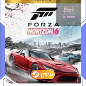 May include: Forza Horizon 6 game cover featuring a red sports car racing on a wet road. The game's logo and title are prominently displayed, with a Steam PC logo in the corner. The background shows a cityscape and a blue SUV.