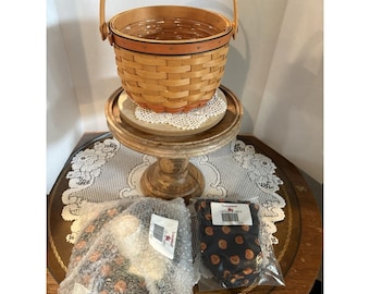 Vintage Longaberger Handwoven Pumpkin Basket Liner Lid Set Wood Fabric 1996. New
