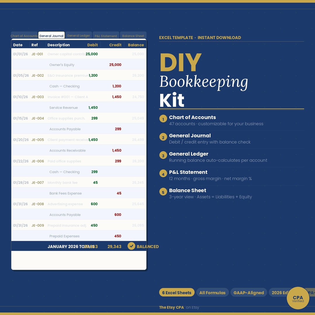 DIY Bookkeeping Kit: CPA Excel Template, Chart of Accounts, Ledger, P&L ...