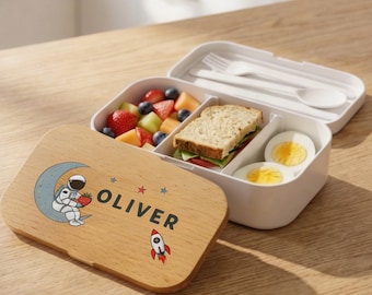 Personalisierte Brotdose für Kinder、ランチボックス mit Fächern & Besteck、Geschenk für Schule und Kindergarten、キッズランチボックス、宇宙飛行士デザイン
