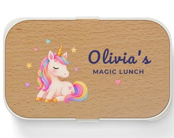 Fiambrera/caja bento de unicornio personalizada, nombre mágico para el almuerzo