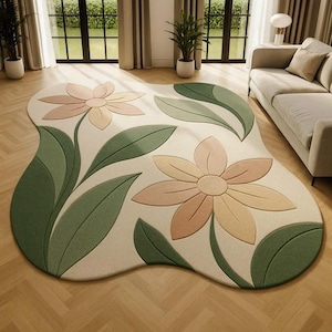 Hand Tufted Irregular Floral Area Rug Modern Green Leaf Cream Botanical Wavy Shape Custom Rug Soft Plush Living Room Decor