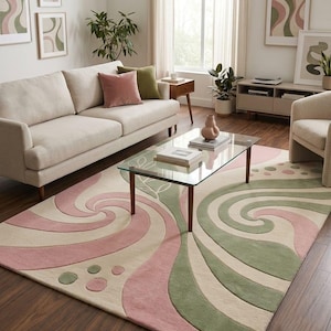 Hand Tufted Area Rug Modern Swirl Pink Green Abstract Rug Rectangular Wool Rug Custom Size High Pile Carpet For Living Room Home Decor