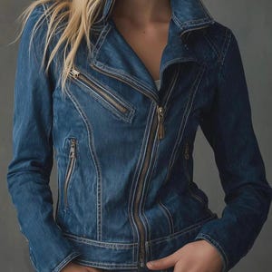 Könnte beinhalten: Dunkelblaue Jeansjacke mit diagonalem Reißverschluss. Die Jacke hat mehrere Reißverschlusstaschen und einen Reverskragen. Das Model trägt die Jacke mit den Händen in den Taschen.