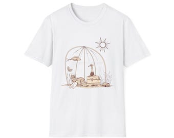 Relaxing Dog in Cage T-Shirt | Retro sun, surfboard, beach vibes