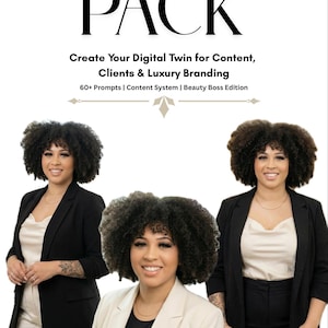 May include: Image features three women, each wearing a blazer and smiling. The text "AI Beauty Prompt PACK" is at the top, with "Create Your Digital Twin for Content, Clients & Luxury Branding" below. The image promotes a beauty-related content system.