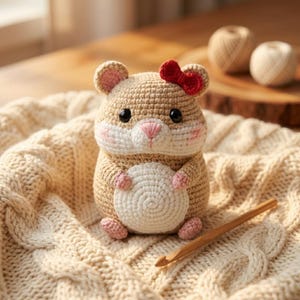 Puede incluir: Una muñeca de hámster de ganchillo hecha a mano en beige, blanco y rosa, con un lazo rojo. La muñeca está sobre una manta de punto trenzado color crema, con un ganchillo de madera cerca. El hámster sostiene un círculo blanco.