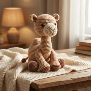 Puede incluir: Un juguete de peluche de camello hecho a mano con ganchillo en tonos beige y marrón. El animal de peluche tiene un diseño detallado con un cuello largo, orejas pequeñas y un cuerpo redondeado. Está colocado sobre una manta de color crema en una mesa de madera.