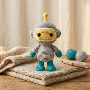 May include: A handmade crochet robot toy in gray, yellow, and blue. The robot has a round head with a yellow faceplate, blue feet and hands, and a small antenna. It is standing on a folded beige blanket.