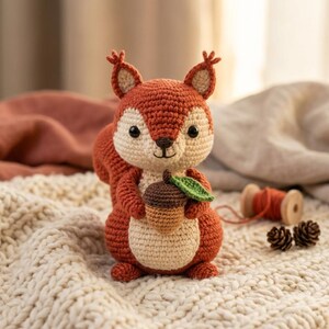 Op de afbeelding: Een handgemaakte gehaakte eekhoorn in tinten oranje, crème en bruin, met een kleine eikel. De eekhoorn heeft een pluizige staart en kleine, puntige oren. Het pluche speelgoed staat op een crèmekleurig, getextureerd oppervlak.