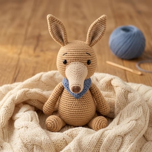 Può includere: Una bambola di oritteropo all'uncinetto nei toni del beige e del marrone, con un lungo muso e grandi orecchie. Indossa una sciarpa blu ed è seduta su una coperta a trecce color crema. Un gomitolo di lana blu e un ferro da maglia sono sullo sfondo.