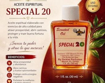 May include: A rectangular glass bottle of Special 20 scented oil with a white cap. The label features a genie lamp icon, the text 'Scented Oil', 'SPECIAL 20', and '1 fl. oz. (30 ml)'. The background is a promotional flyer for Botánica Corona de Oshún.