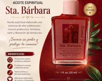 May include: A rectangular glass bottle of red Sta. Bárbara spiritual oil with a pink cap. The label features an image of a figure in red robes, text including 'Scented Oil', 'For External Use', and '1 fl. oz. (30 ml)' against a red background.