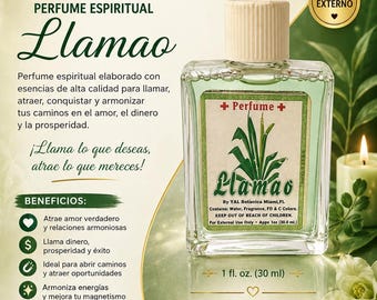 May include: A clear glass bottle of Llamao spiritual perfume with a light green liquid, a beige cap, and a rectangular label featuring a plant illustration and text including 'Perfume', 'Llamao', and 'Appx 1oz (30.0 ml)' against a green background.