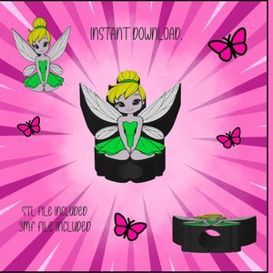May include: A pink background with a cartoon fairy design. The fairy has green and yellow accents, with a black base. Pink butterflies and the words "STRAW TOPPER" and "INSTANT DOWNLOAD" are also visible.