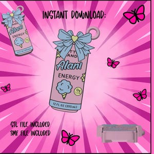 May include: Pink soda can opener design with the text "Alani Energy" and a cotton candy graphic. The design includes a blue bow and pink butterflies. The text "Instant Download" is also visible.