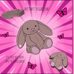 May include: Digital download graphic featuring a brown bunny plushie, a soda can opener, and pink butterflies on a pink background. Text includes "Instant Download", "STL file included", and "3MF file included".