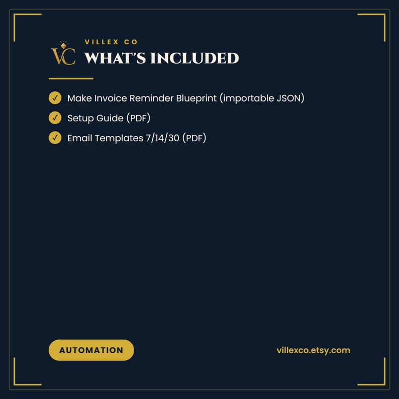 What is included in the Make.com Invoice Reminders Blueprint — VillexCo digital download