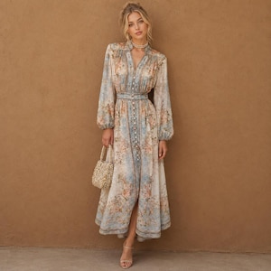 etsy maxi dress with sleeves shona joy la lune asymmetrical long-sleeve maxi dress Shona Joy La Lune  Asymmetrical Draped Maxi Dress in Brown