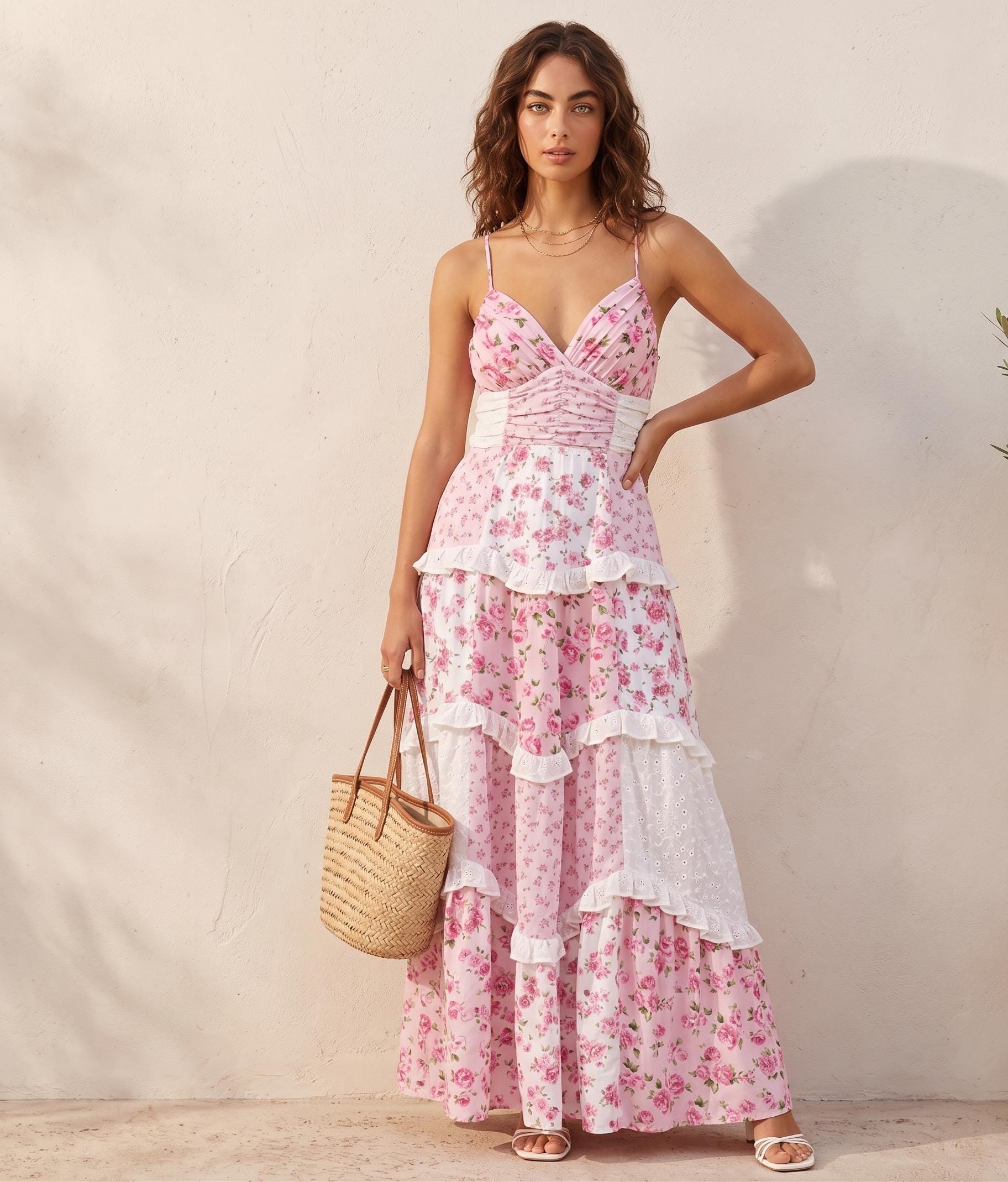long sleeve maxi dress casual Iris Long Sleeve omens Spring Long Sleeve Wrap V Neck Ruffle Floral Ma   Chic Always Boutique,LLC