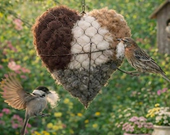 Handmade Alpaca Fiber Bird Nesting Heart, Winter Garden Decor