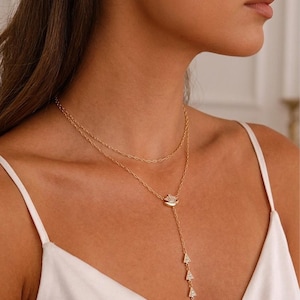 14K Gold Plated Sunburst Lariat Necklace, Double Layered Geometric Triangle Jewelry, Cubic Zirconia
