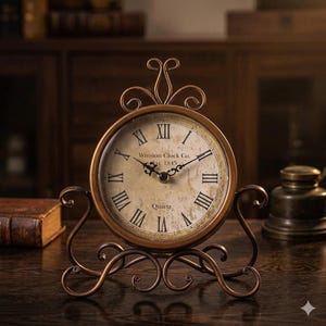 Vintage Iron Table Clock, Roman Numeral Desk Clock, Rustic Home Decor