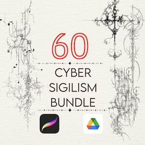 May include: An image featuring the text "60 Cyber Sigilism Bundle" in red and black. The image includes abstract black and white line art and icons for Procreate and Google Drive. The background is a light beige colour.