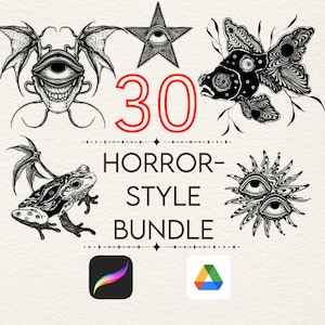 May include: A digital art bundle featuring 30 horror-style illustrations. The images include a star with an eye, a winged creature, a frog, and a fish with intricate patterns. The number 30 is in red, with the words "HORROR-STYLE BUNDLE" below.