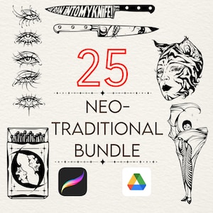 25 Neo-Traditional Procreate Stamp Brushes – Classic American Traditional Gothic Flash Tattoo Art (Digital Download)