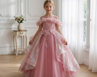 Girls Pageant Dress Pink Sequin Princess Gown - Flower Girl, Birthday Ball Gown, Lace Appliqué, Ruffle Tulle, Sizes 5–12