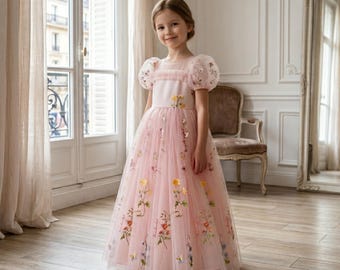 Brudnäbbsklänning med broderi, Blommig tyllklänning, Junior brudtärneklänning, Rosa klänning för fest, Féklänning för första födelsedagen, Barnbal