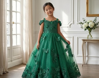 Vestido verde esmeralda para niña de las flores, vestido de gala de mariposas para niñas, vestido de hada del bosque para concursos de belleza, vestido de fiesta de cumpleaños para niñas pequeñas, vestido de tul y encaje