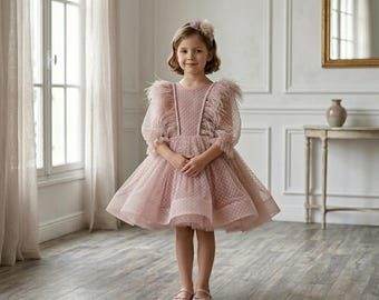 Fjäderklänning i tyll för flickor, rosa brudnäbbsklänning — Prickig puffärm för födelsedagsfest, prinsessbrudklänning för småbarn