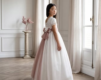 Klänning för första nattvarden, Blomsterflicksklänning — Point d’Esprit tyll, parisisk barnklänning, dusty rose-skärp, flickklänning för tävling