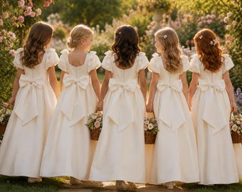 Ivory Satin Flower Girl Dress, Champagne Puff Sleeve Bow Dress, Junior Bridesmaid Gown, Girls Wedding Dress, Communion Party Dress
