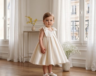Blomsterflickaklänning Elfenbensvit, Babyflickaklänning med rosett - Bröllopsklänning för småbarn, Dopklänning, Första födelsedag, Nattvard, Dopklänning i satin