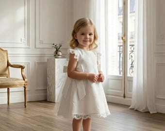 Vit spetsklänning för brudeflicka med rosett, juniorbrudtärneklänning i satin i tyll, elegant dopklänning för flickor, outfit för bröllopsgäster för småbarn
