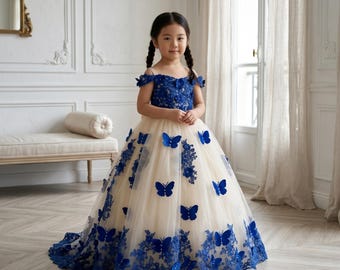 Girls Butterfly Ball Gown, Royal Blue Flower Girl Dress - Lace Tulle Princess Pageant Gown, Off Shoulder Kids Formal Dress, Toddler-Size 16