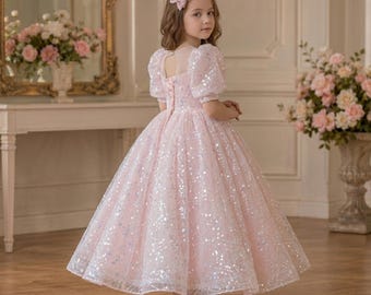 Pink Flower Girl Dress, Sparkle Princess Dress, Girls Birthday Dress, Junior Bridesmaid Gown, Pink Tulle Party Dress