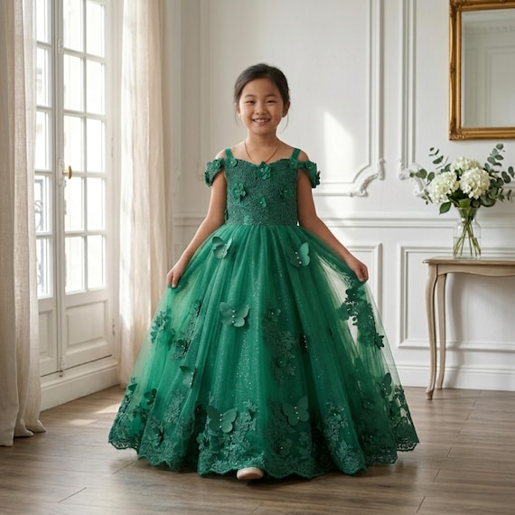 butterfly dress green Emerald Flower Girl Dress, Ball Gown, Fairy Pageant Toddler Birthday Gown size:1