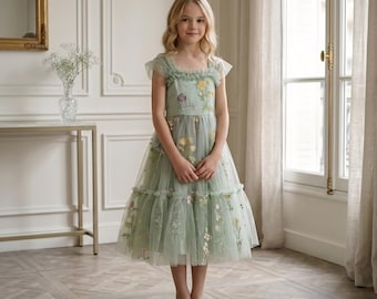 Blommig tyllklänning för flickor, brudtärnaklänning - salviagrön broderad prinsessklänning, bröllopsklänning, födelsedagsbalklänning, storlekar 2T–10