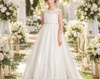 Flower Girl Dress Lace, Ivory Tulle Wedding Dress Girls, Illusion Neckline Beaded Sash, Scalloped Lace Hem Gown