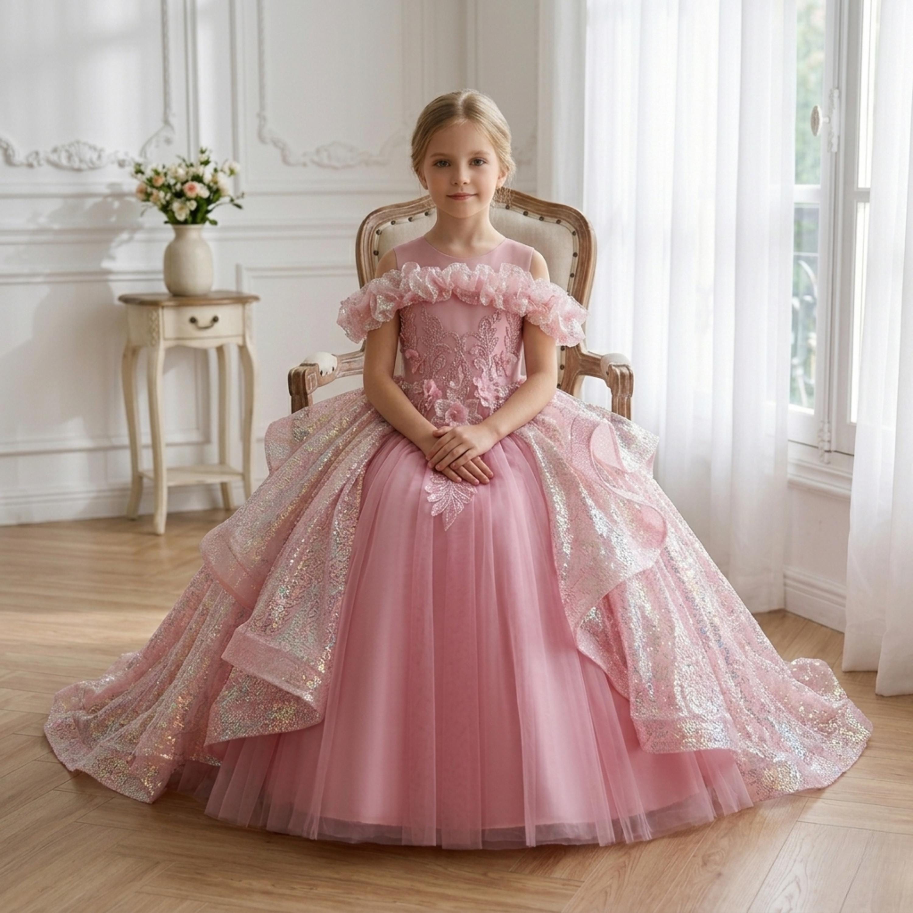formal princess dresses for girls Pink Sequin Gown – Lace Appliqué, Ruffle Tulle Ball Gown (sizes 5–12) princess gown for kids