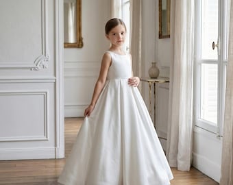 Vestido de niña de las flores, vestido de gala de satén, blanco o rosa palo — Primera comunión, vestido de princesa para bodas, para niñas pequeñas hasta la talla 14.