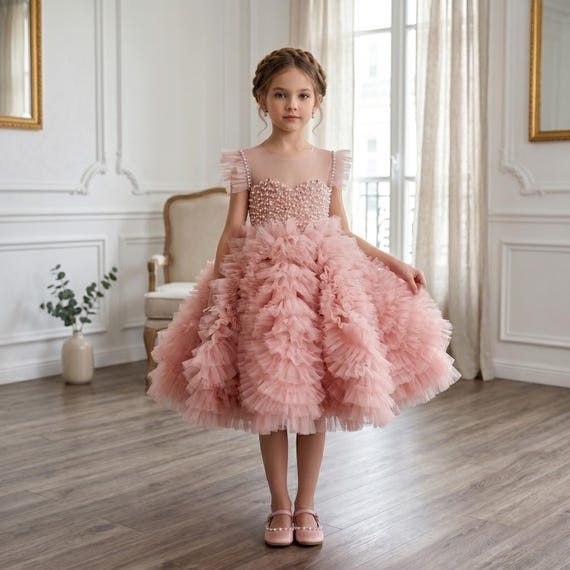 beaded ruffle tulle dress Pink Pearl – Bodice, Cloud Skirt, Tea Length (sizes 12M–14) line Style Fabric pink mermaid dress Nightgowns for Women Backless Size:3 XL