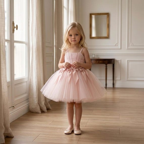 layered tulle dress toddler Pink Flower Girl Dress, Bow Gown, Wedding Birthday Photoshoot Outfit hallway