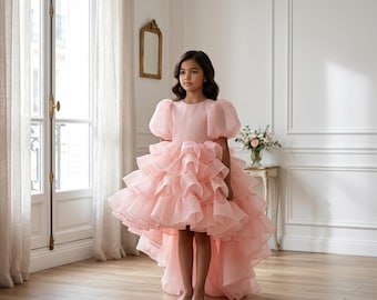 Brudnäbbsklänning Hög Låg, Rosa Tyllklänning för Flickor, Puffärmad Junior Brudtärneklänning, Volangklänning, Galaklänning för Småbarn